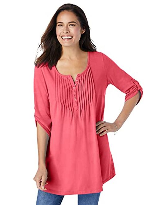 Woman Within Women's Plus Size Three-Quarter Sleeve Pintucked Henley Tunic