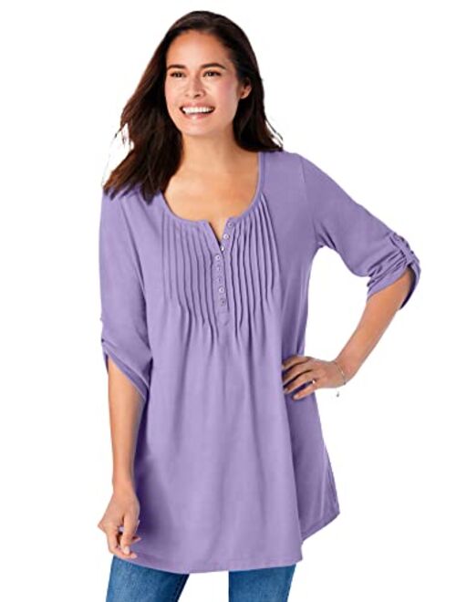 Woman Within Women's Plus Size Three-Quarter Sleeve Pintucked Henley Tunic