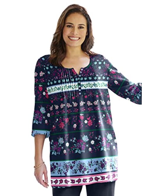 Woman Within Women's Plus Size Three-Quarter Sleeve Pintucked Henley Tunic