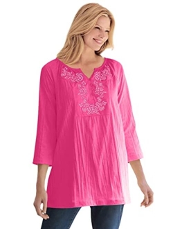 Women's Plus Size Embroidered Crinkle Tunic