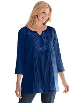 Women's Plus Size Embroidered Crinkle Tunic