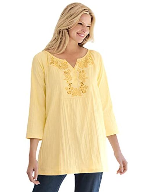 Woman Within Women's Plus Size Embroidered Crinkle Tunic