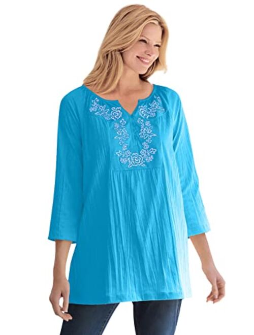 Woman Within Women's Plus Size Embroidered Crinkle Tunic