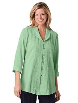 Women's Plus Size Textured Gauze Tunic With Shawl Collar