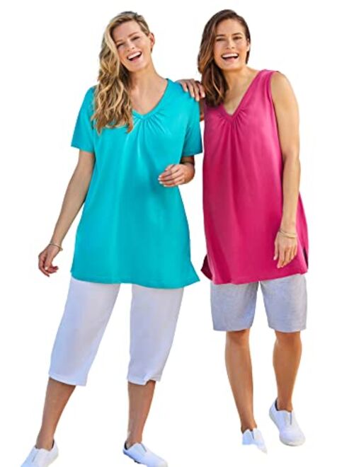 Woman Within Women's Plus Size Perfect Sleeveless Shirred V-Neck Tunic