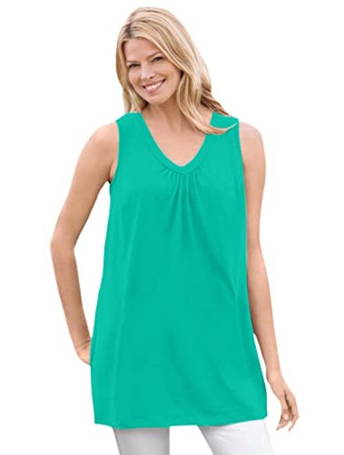 Woman Within Women's Plus Size Perfect Sleeveless Shirred V-Neck Tunic