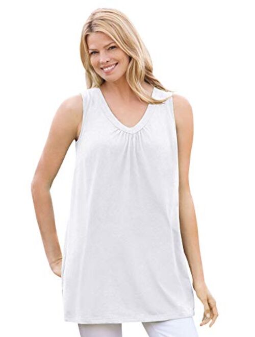 Woman Within Women's Plus Size Perfect Sleeveless Shirred V-Neck Tunic