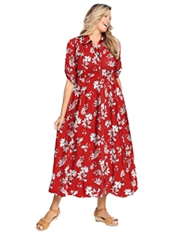 Women's Plus Size Petite Roll-Tab Sleeve Crinkle Shirtdress