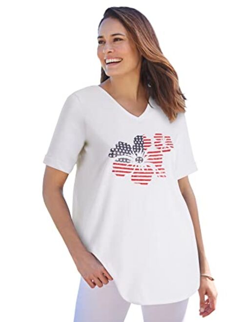 Woman Within Women's Plus Size Cuffed Americana Print Tee Shirt