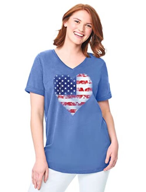 Woman Within Women's Plus Size Cuffed Americana Print Tee Shirt