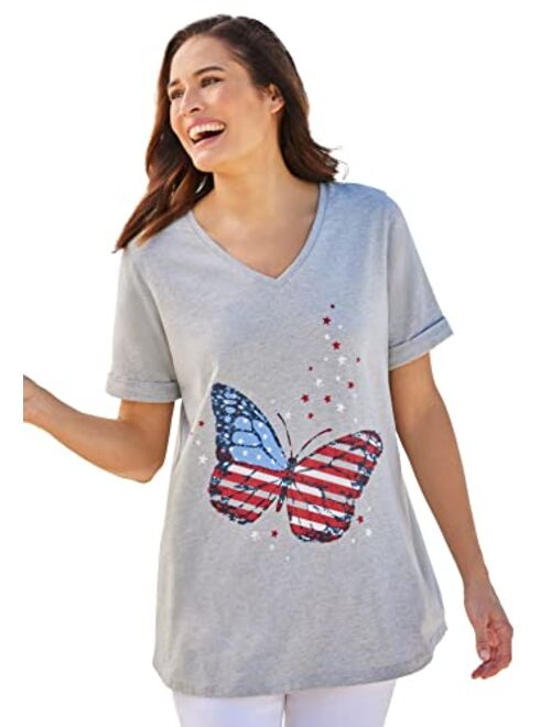 Woman Within Women's Plus Size Cuffed Americana Print Tee Shirt