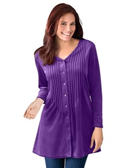 Women's Plus Size Knit Velour Tunic Shirt In A Comfortable A-Line With Pintucks