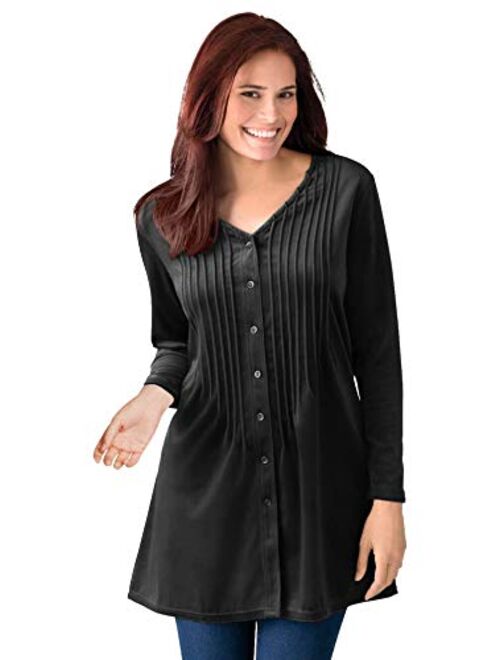 Woman Within Women's Plus Size Knit Velour Tunic Shirt In A Comfortable A-Line With Pintucks