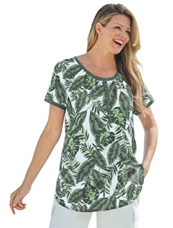 Women's Plus Size Banana Leaf Print Henley Shirt in Soft Knit