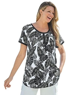 Women's Plus Size Banana Leaf Print Henley Shirt in Soft Knit