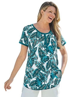 Women's Plus Size Banana Leaf Print Henley Shirt in Soft Knit