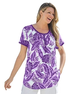 Women's Plus Size Banana Leaf Print Henley Shirt in Soft Knit