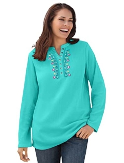 Women's Plus Size Embroidered Thermal Waffle Henley Tee Long Underwear Top