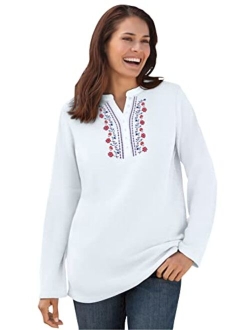 Women's Plus Size Embroidered Thermal Waffle Henley Tee Long Underwear Top