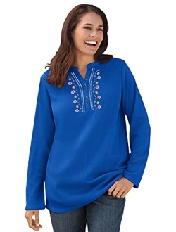 Women's Plus Size Embroidered Thermal Waffle Henley Tee Long Underwear Top