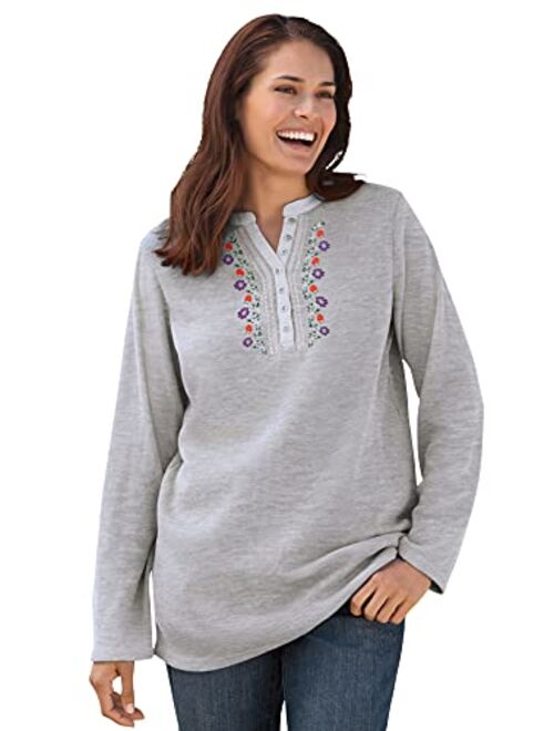 Woman Within Women's Plus Size Embroidered Thermal Waffle Henley Tee Long Underwear Top