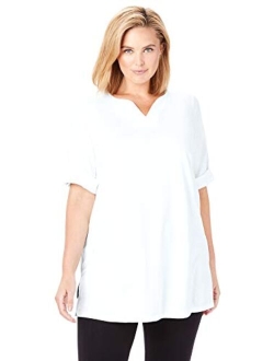 Women's Plus Size Perfect Roll-Tab-Sleeve Notch-Neck Tunic