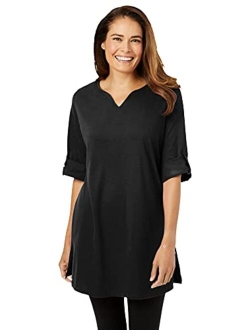 Women's Plus Size Perfect Roll-Tab-Sleeve Notch-Neck Tunic