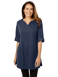 Women's Plus Size Perfect Roll-Tab-Sleeve Notch-Neck Tunic