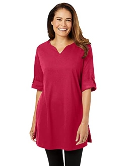 Women's Plus Size Perfect Roll-Tab-Sleeve Notch-Neck Tunic