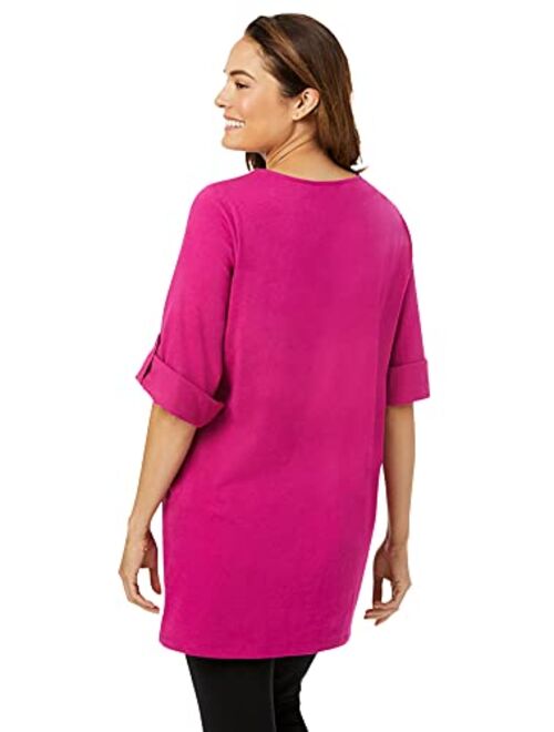 Woman Within Women's Plus Size Perfect Roll-Tab-Sleeve Notch-Neck Tunic