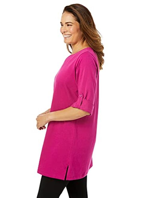 Woman Within Women's Plus Size Perfect Roll-Tab-Sleeve Notch-Neck Tunic