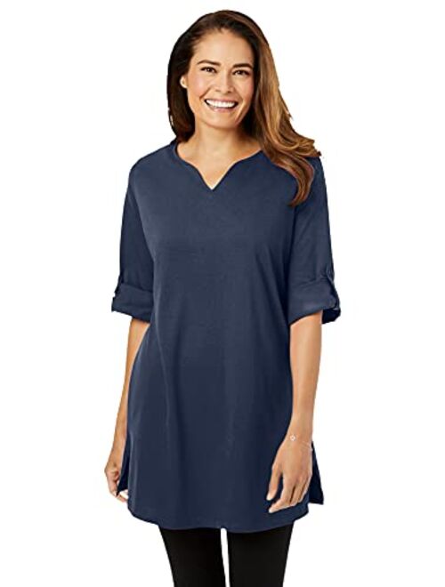 Woman Within Women's Plus Size Perfect Roll-Tab-Sleeve Notch-Neck Tunic