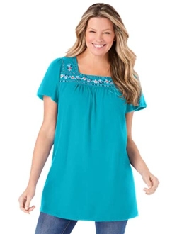 Women's Plus Size Embroidered Square Neck Tunic