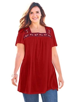 Women's Plus Size Embroidered Square Neck Tunic