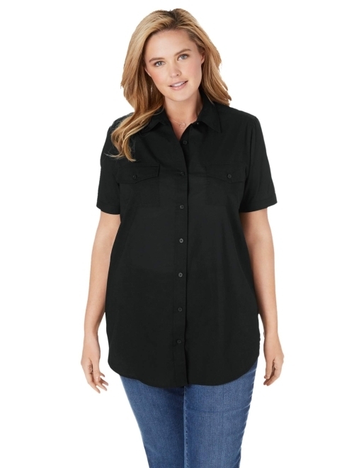 Woman Within Women's Plus Size Short-Sleeve Cotton Campshirt Shirt