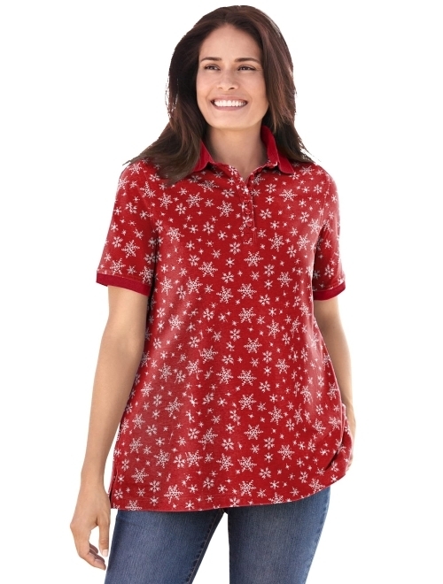 Woman Within Women's Plus Size Perfect Printed Short-Sleeve Polo Shirt