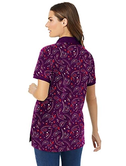 Woman Within Women's Plus Size Perfect Printed Short-Sleeve Polo Shirt