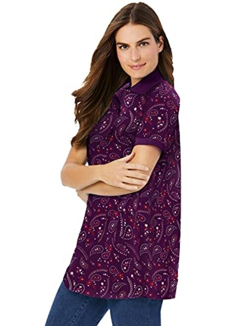 Woman Within Women's Plus Size Perfect Printed Short-Sleeve Polo Shirt