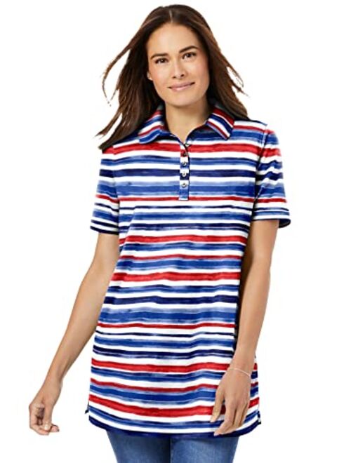 Woman Within Women's Plus Size Perfect Printed Short-Sleeve Polo Shirt