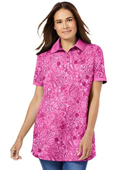 Woman Within Women's Plus Size Perfect Printed Short-Sleeve Polo Shirt