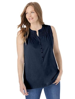 Women's Plus Size Smocked Henley Tank Top