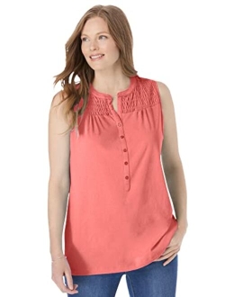 Women's Plus Size Smocked Henley Tank Top