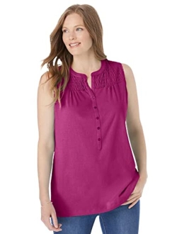 Women's Plus Size Smocked Henley Tank Top