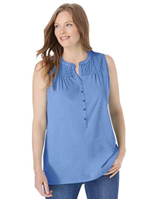 Woman Within Women's Plus Size Smocked Henley Tank Top