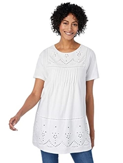 Women's Plus Size Embroidered Eyelet Pintucked Tunic