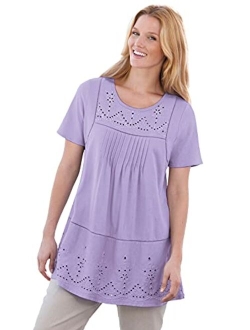 Women's Plus Size Embroidered Eyelet Pintucked Tunic