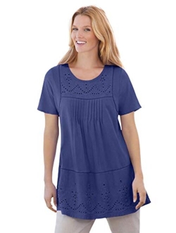 Women's Plus Size Embroidered Eyelet Pintucked Tunic