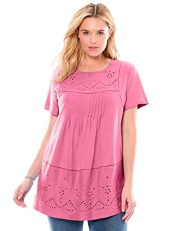 Women's Plus Size Embroidered Eyelet Pintucked Tunic