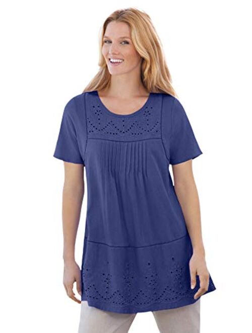 Woman Within Women's Plus Size Embroidered Eyelet Pintucked Tunic