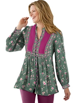 Women's Plus Size Button-Front Mixed Print Tunic